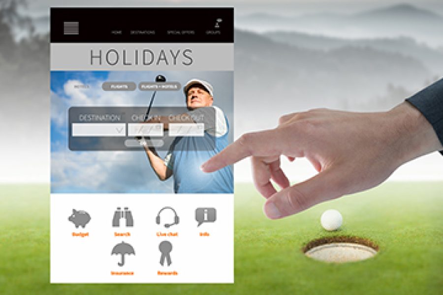 Digital composite of Hand Touching Golf holiday break App Interface